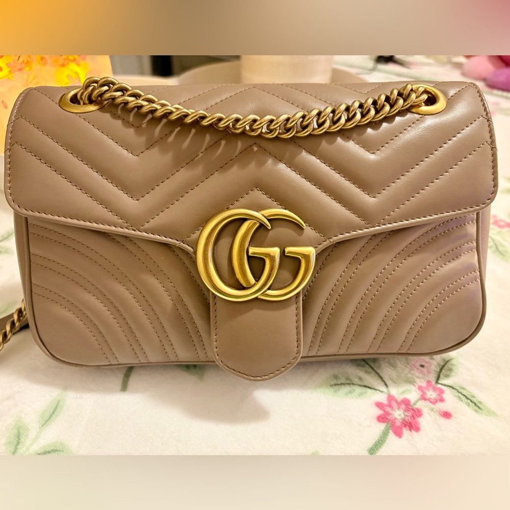 Gucci Taupe Leather Shoulder Bag with Gold Chain